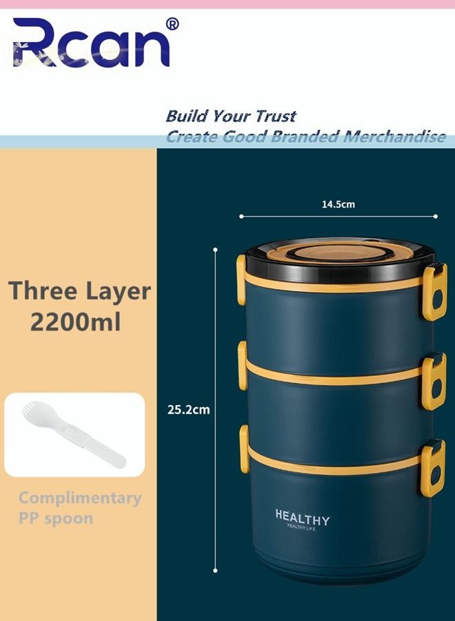 Large Capacity Round Three Layer Lunch Box for Men Women Office Kids With Handle Tableware Portable Sealed Insulated Leak proof Bento Box On-the-Go Meal and Fruit Container Blue
