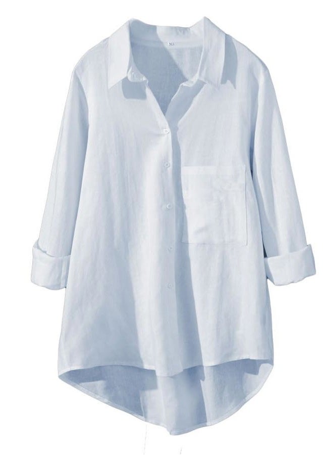 Minibee Women's Long Sleeve Shirts Button Down Blouse Cotton Tunic High Low Tops, Light Blue, L - Image 1