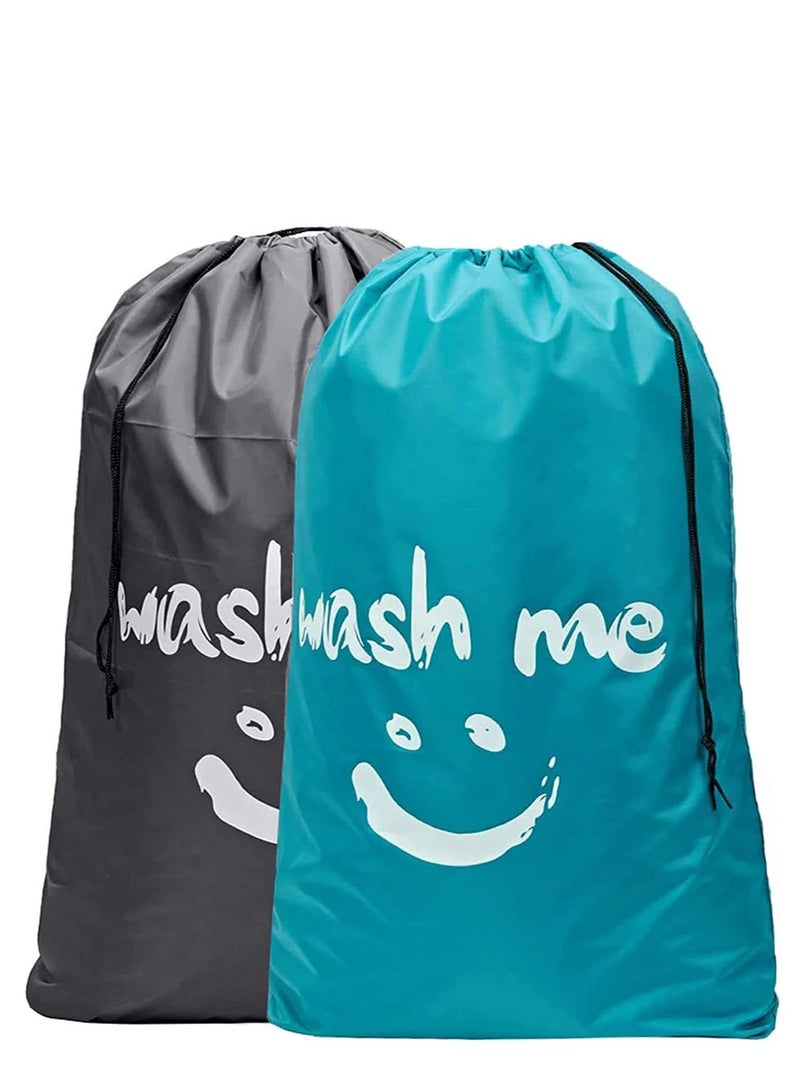 MJZ 2pcs Travel Laundry Bag, 61*91cm Hamper Liner Laundry Sacks with Drawstrings, Nylon Extra Large Laundry Bags Dirty Clothes Storage Bag for Laundry Home Dorm Dirty Clothes Organizer, Blue and Grey - Image 1