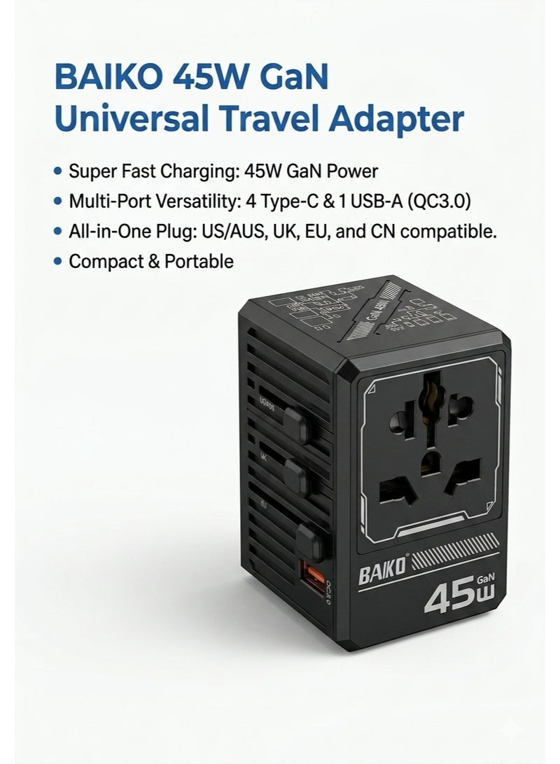 BAIKO 45W GaN Universal Travel Charger Adapter with PD Fast Charging, 1 USB + 4 Type-C Ports, Worldwide Multi Plug, Compact Travel Power Adapter for Mobile, Tablet & Laptop – UK Plug - Image 1