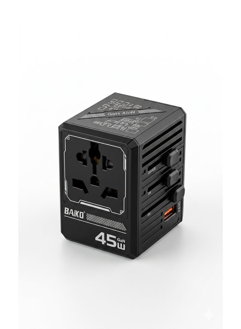 BAIKO 45W GaN Universal Travel Charger Adapter with PD Fast Charging, 1 USB + 4 Type-C Ports, Worldwide Multi Plug, Compact Travel Power Adapter for Mobile, Tablet & Laptop – UK Plug - Image 2