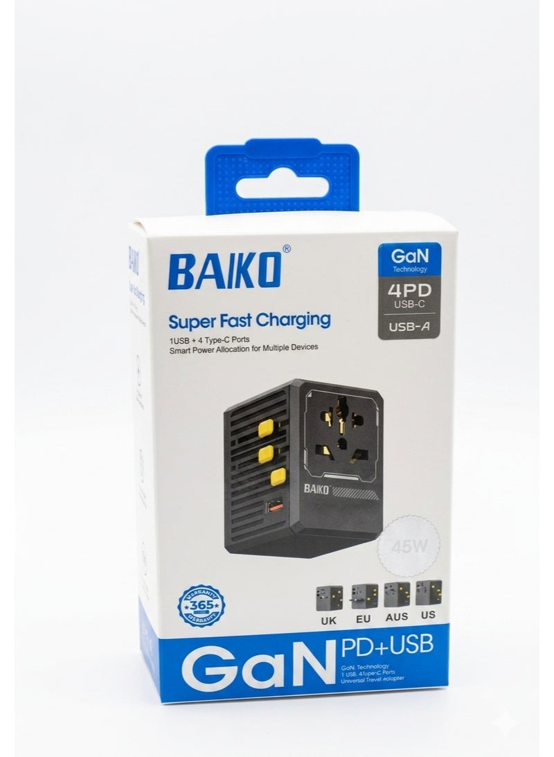 BAIKO 45W GaN Universal Travel Charger Adapter with PD Fast Charging, 1 USB + 4 Type-C Ports, Worldwide Multi Plug, Compact Travel Power Adapter for Mobile, Tablet & Laptop – UK Plug - Image 3