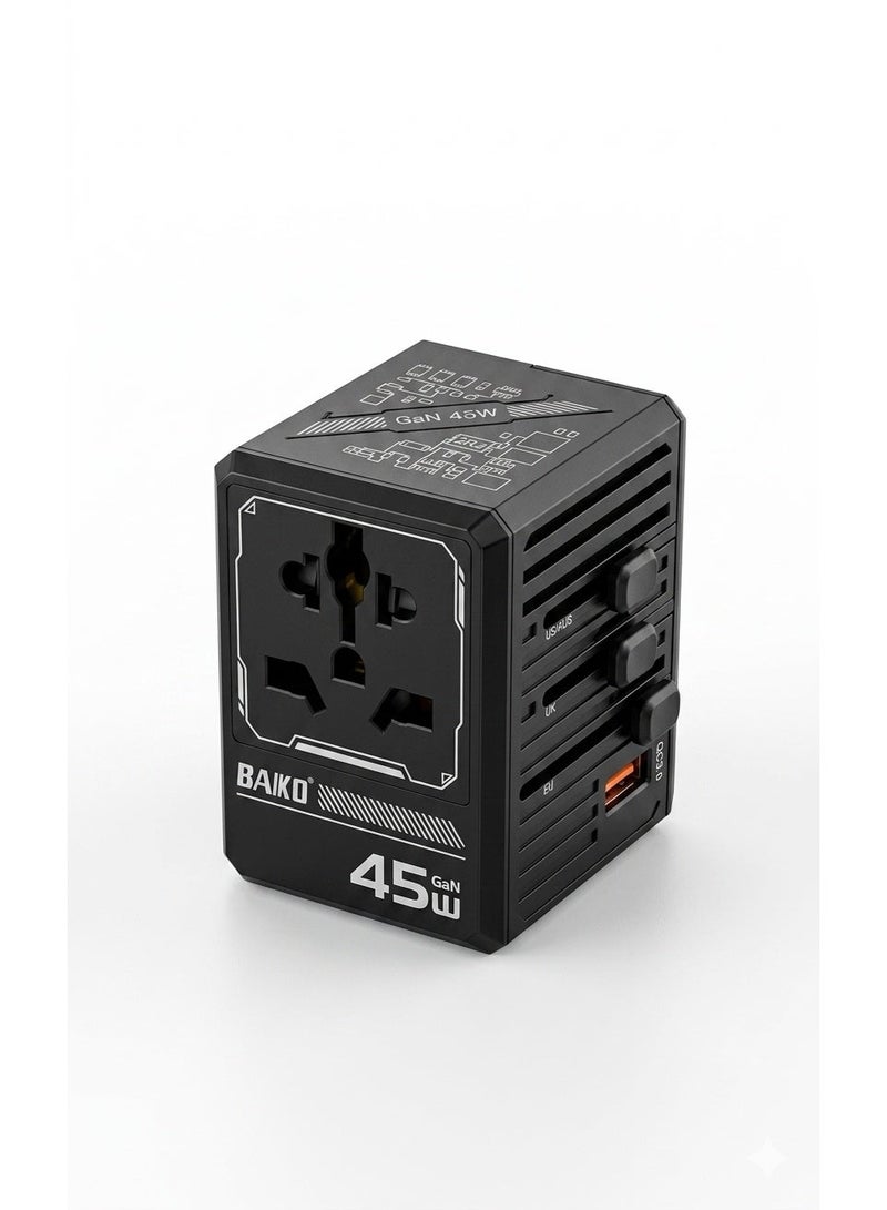 BAIKO 45W GaN Universal Travel Charger Adapter with PD Fast Charging, 1 USB + 4 Type-C Ports, Worldwide Multi Plug, Compact Travel Power Adapter for Mobile, Tablet & Laptop – UK Plug - Image 2
