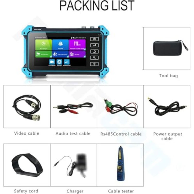 جهاز اختبار كاميرا IP لتركيب CCTV، هيكل بلاستيكي ABS، أسود، شاشة لمس IPS 5 بوصة مع مراقبة 4K H.265، ومدخل HDMI/POE/WiFi وتتبع الكابل - Image 2