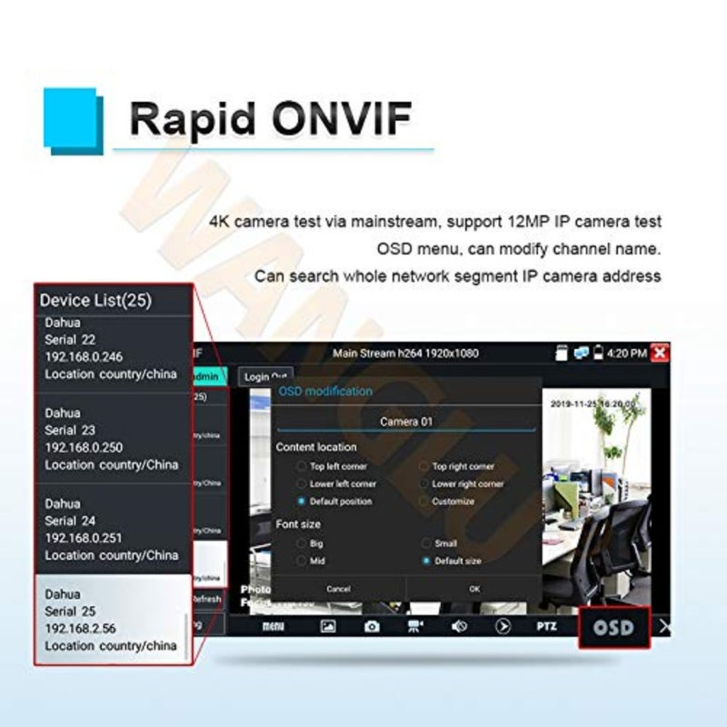 جهاز اختبار كاميرا IP لتركيب CCTV، هيكل بلاستيكي ABS، أسود، شاشة لمس IPS 5 بوصة مع مراقبة 4K H.265، ومدخل HDMI/POE/WiFi وتتبع الكابل - Image 3