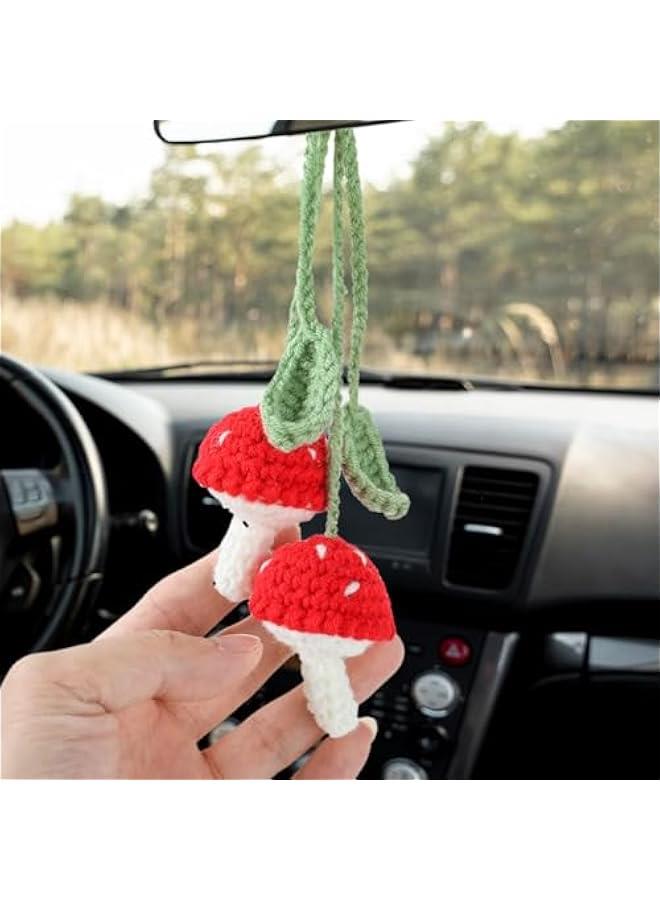 Mushroom Car Accessories, Handmade Cute Crochet Car Decor, Rear View Mirror Hanging Charm, Adjustable Woven Rearview Hanging Car Ornament for Women Bag Keychain Home Interior Window Decoration  - Image 1
