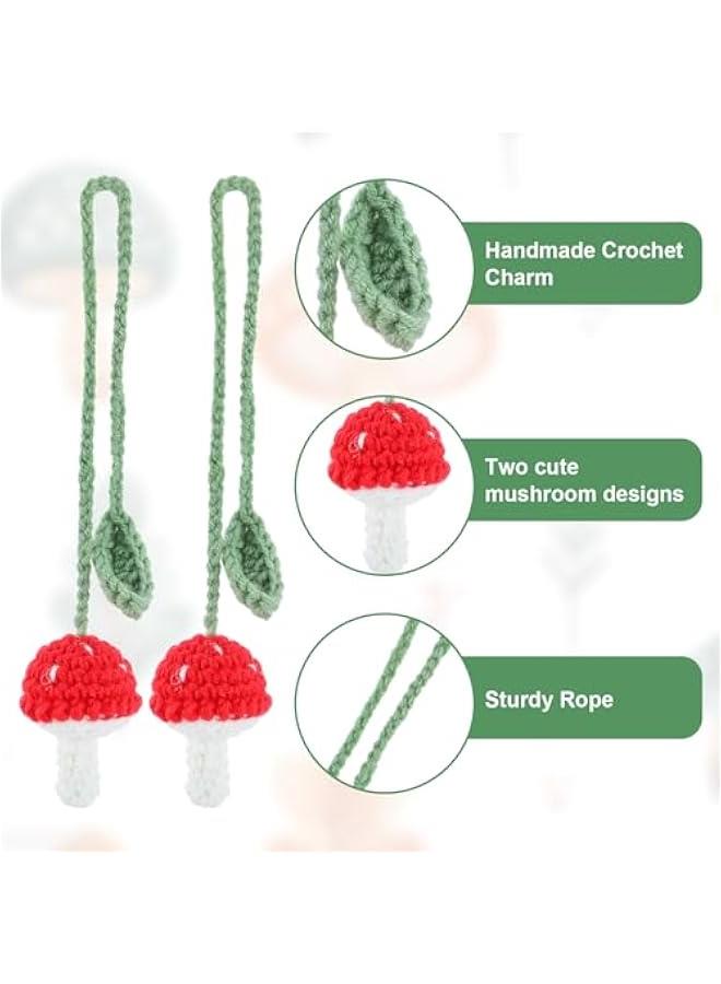 Mushroom Car Accessories, Handmade Cute Crochet Car Decor, Rear View Mirror Hanging Charm, Adjustable Woven Rearview Hanging Car Ornament for Women Bag Keychain Home Interior Window Decoration  - Image 4