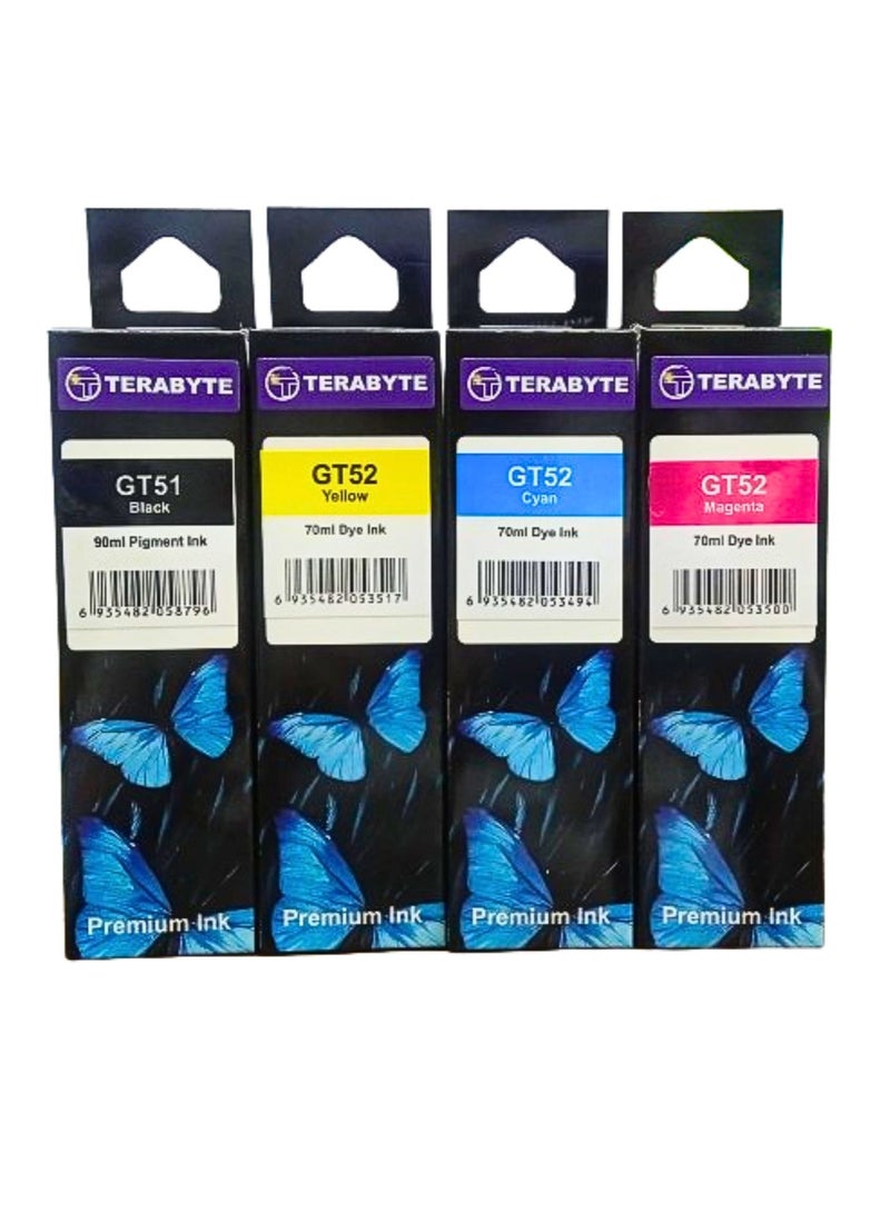 Terabyte GT51 Black & GT52 Color Ink Bottle for HP Ink Tank 319 410 419 Smart Tank 500 502 508 511 514 515 518 538 571 615 720 750 790 DeskJet GT 5810 5820 5822 (Black/Cyan/Magenta/Yellow, 4 Pack) - Image 1