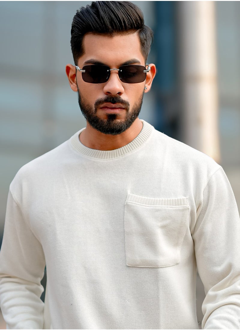 Maniac Maniac Men Solid Round Neck Full Sleeve Off White Cotton Sweatshirt  - Image 1