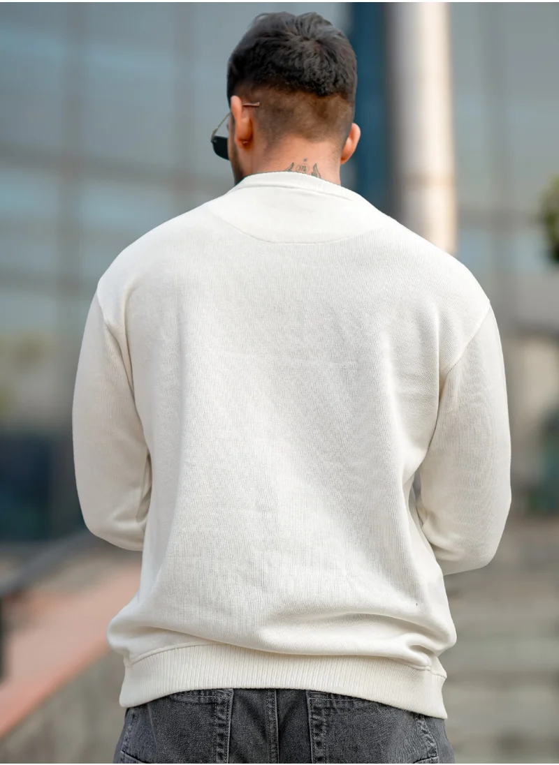 Maniac Maniac Men Solid Round Neck Full Sleeve Off White Cotton Sweatshirt