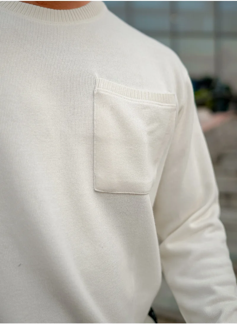 Maniac Maniac Men Solid Round Neck Full Sleeve Off White Cotton Sweatshirt