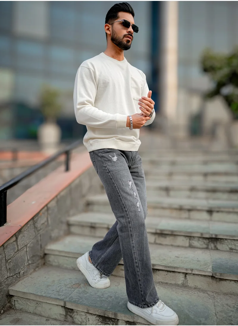 Maniac Maniac Men Solid Round Neck Full Sleeve Off White Cotton Sweatshirt