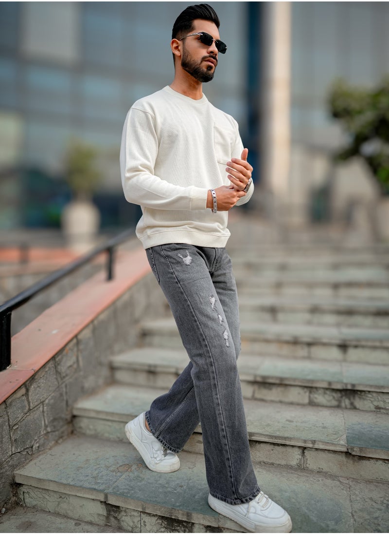 Maniac Maniac Men Solid Round Neck Full Sleeve Off White Cotton Sweatshirt  - Image 5