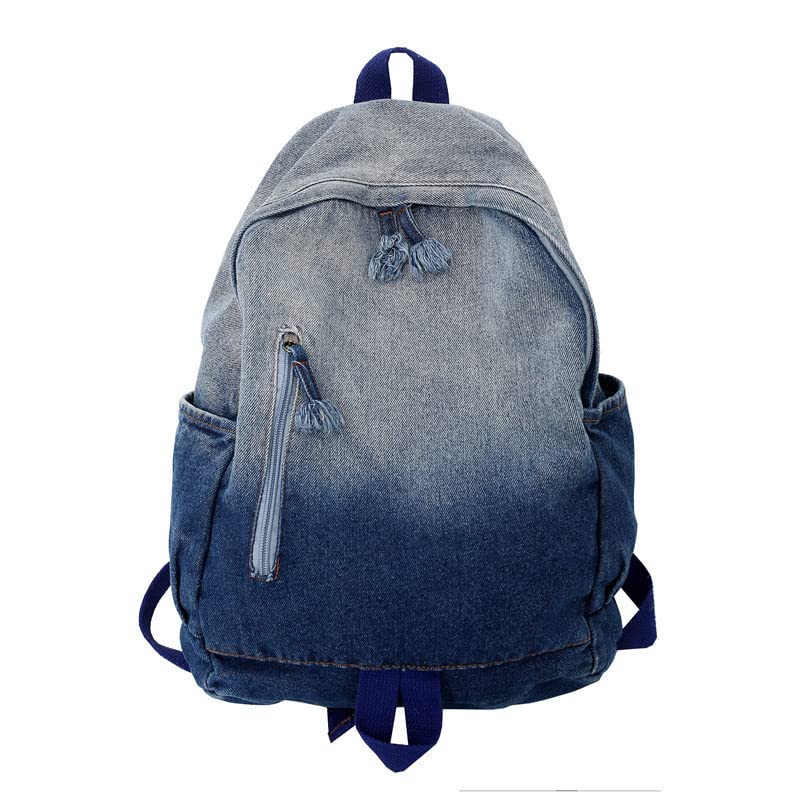 TYHOTULY Gradient Denim Backpack Y2K Aesthetic Lightweight Laptop Backpack Classic Retro Jeans Backpack Casual Travel Daypack a Blue - Image 1
