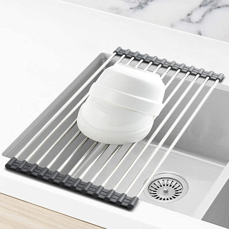 INVOSS Quality Stainless Steel Foldable Over Sink Rack Roll Up Over Sink Rack Kitchen Rolling Dish Drainer Rollup Dish Draying Rack Over Sink Mat 45 X 23 cm Black - Image 5