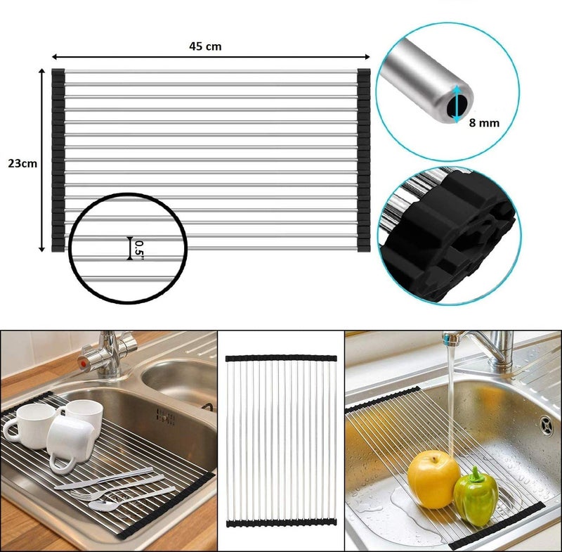 INVOSS Quality Stainless Steel Foldable Over Sink Rack Roll Up Over Sink Rack Kitchen Rolling Dish Drainer Rollup Dish Draying Rack Over Sink Mat 45 X 23 cm Black - Image 3