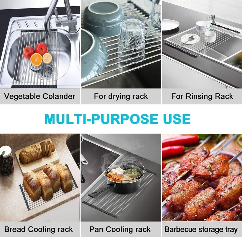 INVOSS Quality Stainless Steel Foldable Over Sink Rack Roll Up Over Sink Rack Kitchen Rolling Dish Drainer Rollup Dish Draying Rack Over Sink Mat 45 X 23 cm Black - Image 4