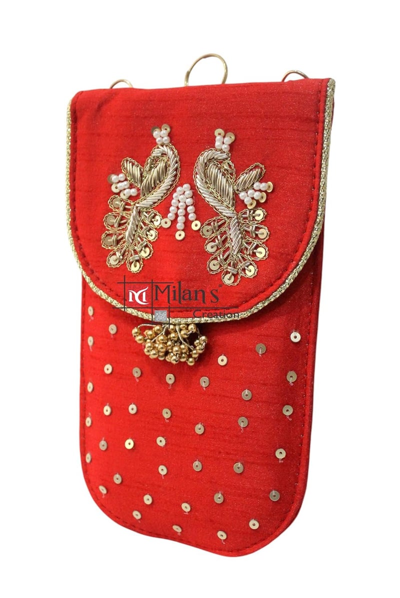 MILAN'S CREATION Mobile Pouch Zardozi & Pearls Hand Embroidery With Waist Clip Hook & Sling Chain (removable) | Ladies Women’s Handbag Wallet Sling Purse | Party Wedding Festival Giveaways Gift - Image 2
