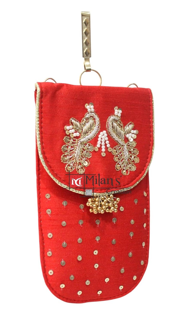 MILAN'S CREATION Mobile Pouch Zardozi & Pearls Hand Embroidery With Waist Clip Hook & Sling Chain (removable) | Ladies Women’s Handbag Wallet Sling Purse | Party Wedding Festival Giveaways Gift - Image 3