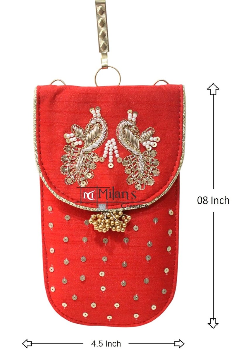 MILAN'S CREATION Mobile Pouch Zardozi & Pearls Hand Embroidery With Waist Clip Hook & Sling Chain (removable) | Ladies Women’s Handbag Wallet Sling Purse | Party Wedding Festival Giveaways Gift - Image 4