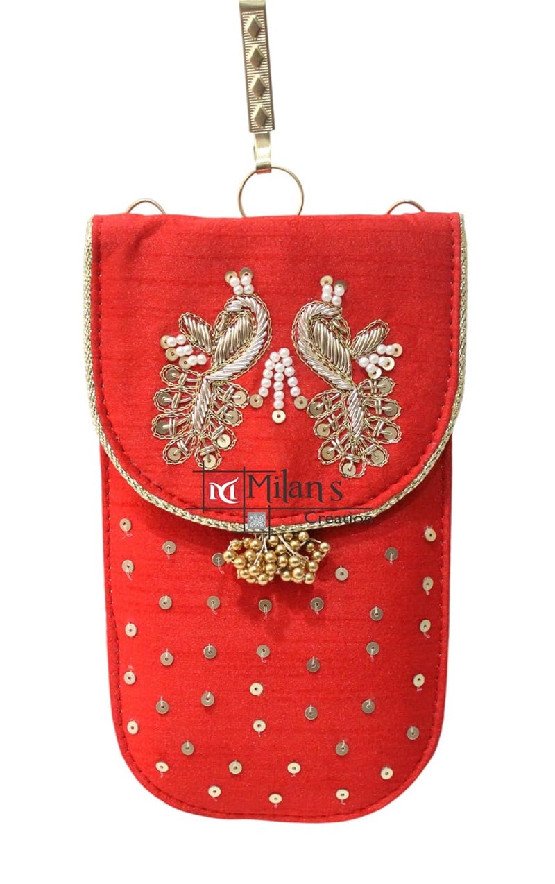 MILAN'S CREATION Mobile Pouch Zardozi & Pearls Hand Embroidery With Waist Clip Hook & Sling Chain (removable) | Ladies Women’s Handbag Wallet Sling Purse | Party Wedding Festival Giveaways Gift - Image 1