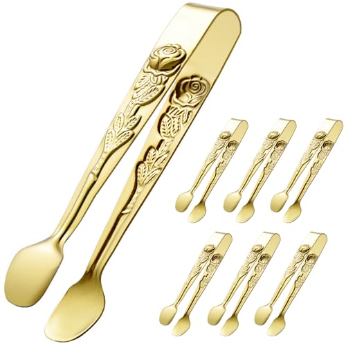 HINMAY Mini Serving Tongs 5Inch Small Rose Sugar Cube Appetizer Tongs Set of 6 Gold