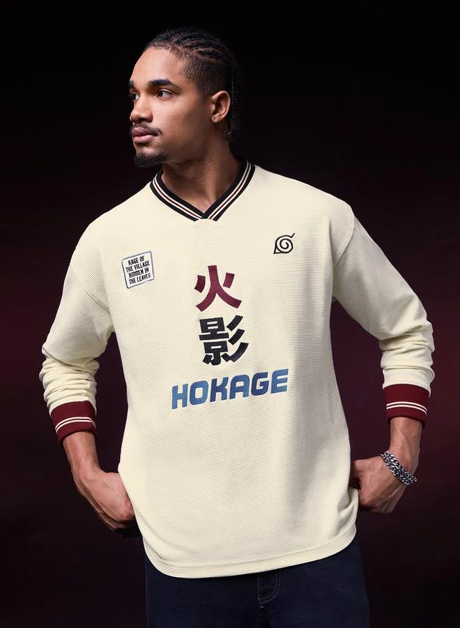 The Souled Store  Men Naruto Hokage Embroidered V-Neck Oversized Fit Long Sleeve T-Shirt for Men | Best Price UAE