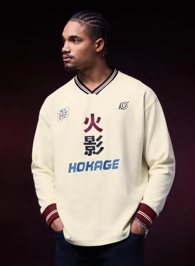The Souled Store  Men Naruto Hokage Embroidered V-Neck Oversized Fit Long Sleeve T-Shirt for Men | Best Price UAE