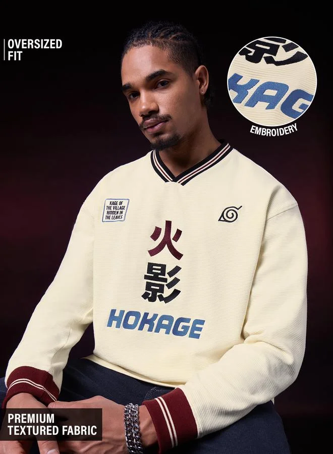 Men Naruto Hokage Embroidered V-Neck Oversized Fit Long Sleeve T-Shirt