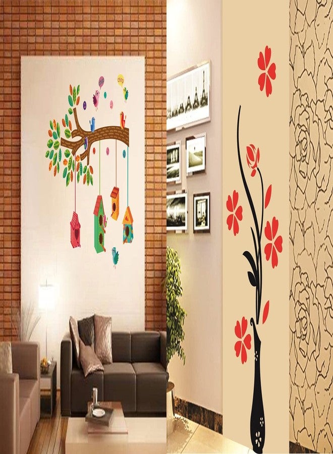 Walltech Set of 2 Wall Sticker Bird House On A Branch and Flower Vase Red Wall Sticker - Image 1