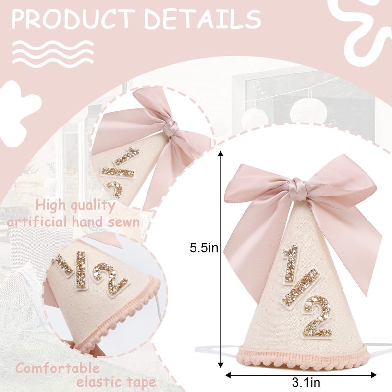 LINGANA Bow 1/2 Birthday Hat - Little Princess Half Birthday Decorations, Sweet Cake Smash Photo Props, 6 Months Party Hat with Pink Bow - Image 2