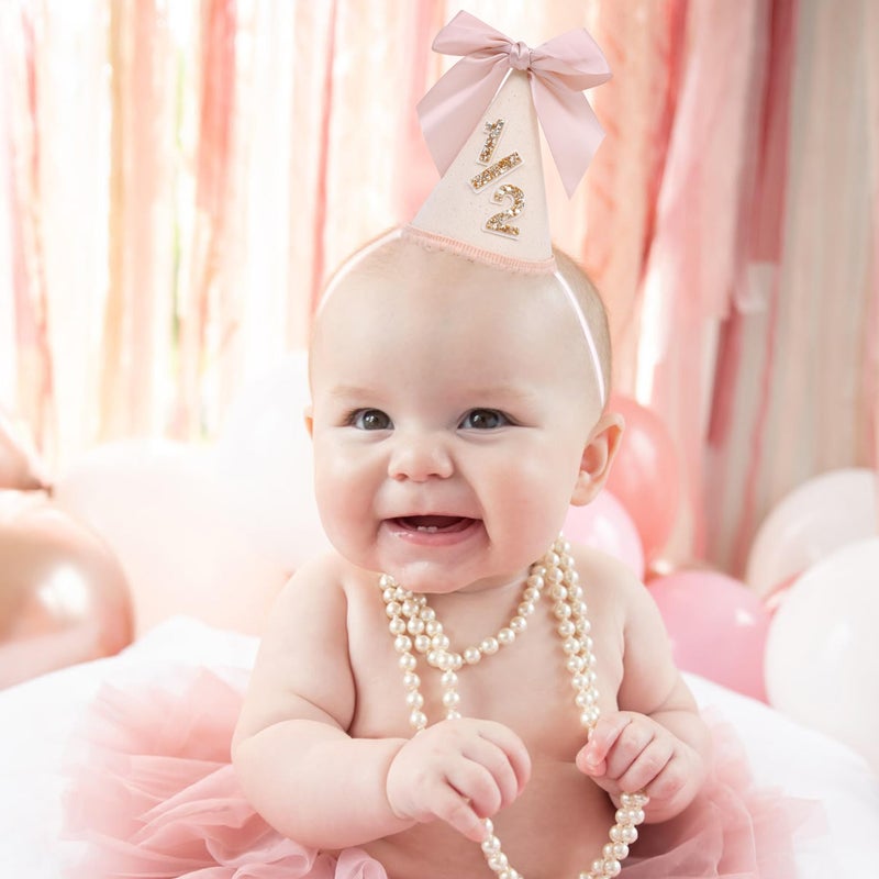 LINGANA Bow 1/2 Birthday Hat - Little Princess Half Birthday Decorations, Sweet Cake Smash Photo Props, 6 Months Party Hat with Pink Bow - Image 4