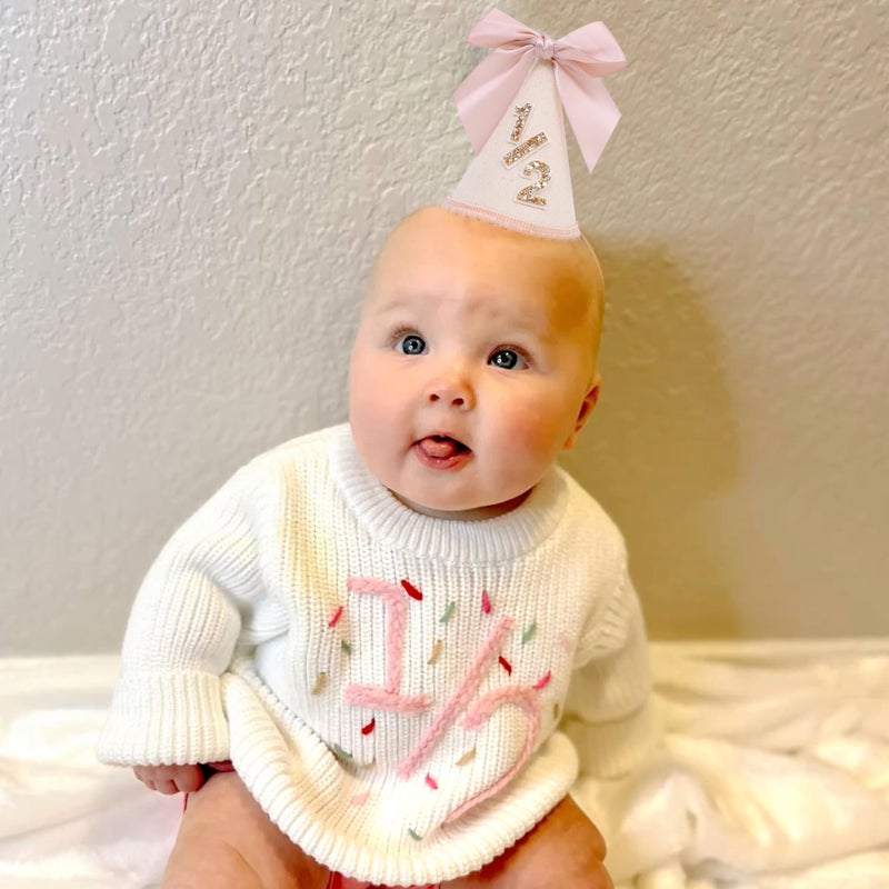LINGANA Bow 1/2 Birthday Hat - Little Princess Half Birthday Decorations, Sweet Cake Smash Photo Props, 6 Months Party Hat with Pink Bow - Image 3