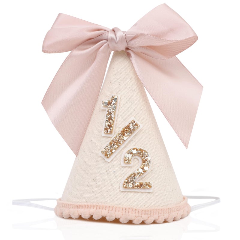 LINGANA Bow 1/2 Birthday Hat - Little Princess Half Birthday Decorations, Sweet Cake Smash Photo Props, 6 Months Party Hat with Pink Bow - Image 1