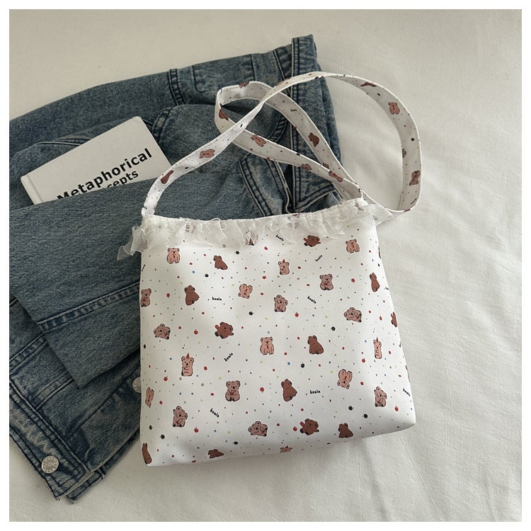 Cute Bear Floral Large Capacity Canvas Bag Women'S 2025 Spring New Japanese Style Cute Student Handbag Trendy - Image 1