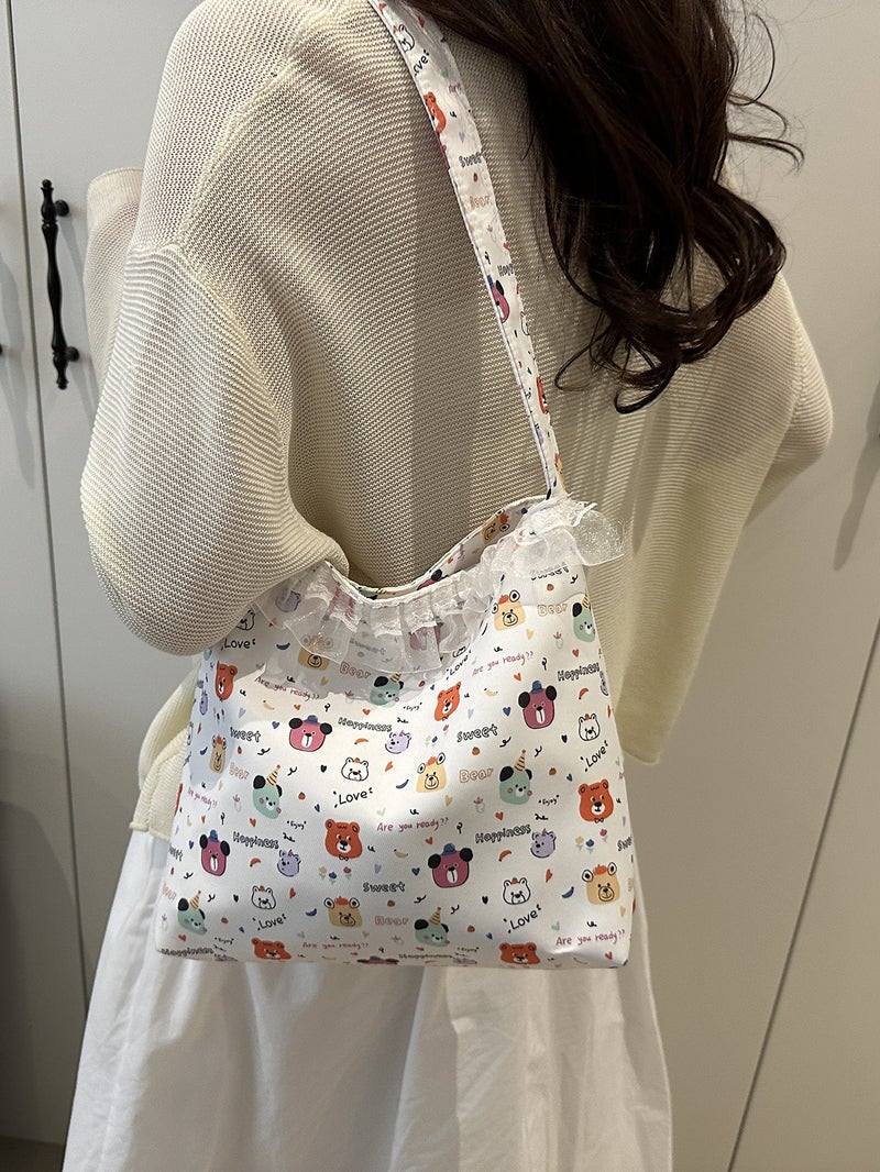 Cute Bear Floral Large Capacity Canvas Bag Women'S 2025 Spring New Japanese Style Cute Student Handbag Trendy - Image 3