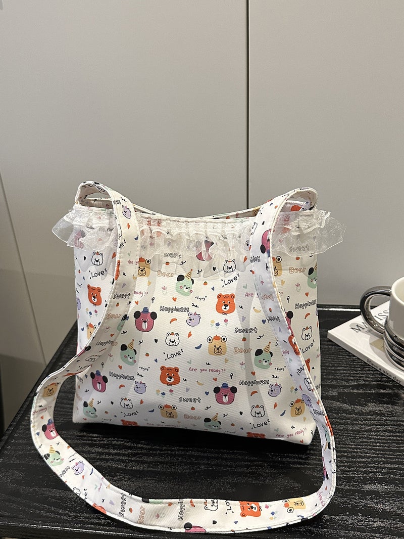 Cute Bear Floral Large Capacity Canvas Bag Women'S 2025 Spring New Japanese Style Cute Student Handbag Trendy - Image 2