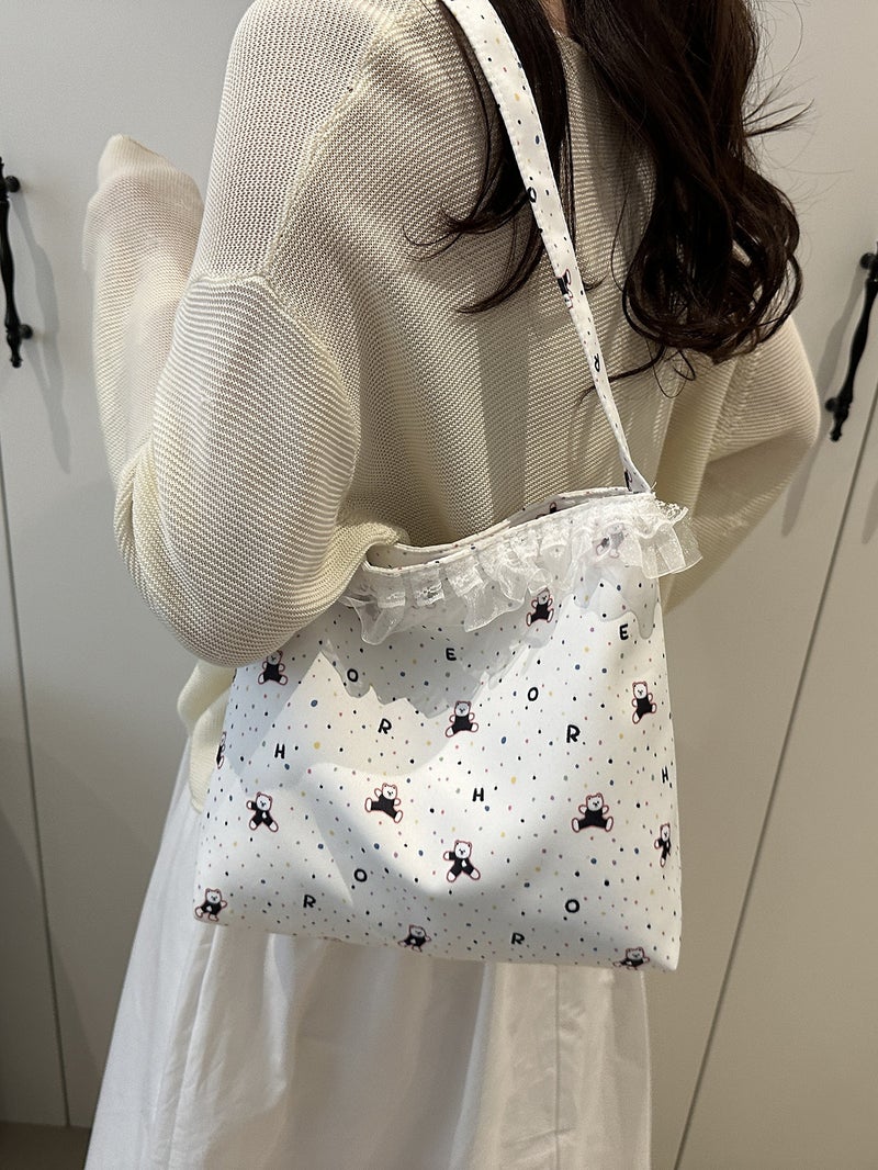 Cute Bear Floral Large Capacity Canvas Bag Women'S 2025 Spring New Japanese Style Cute Student Handbag Trendy - Image 5