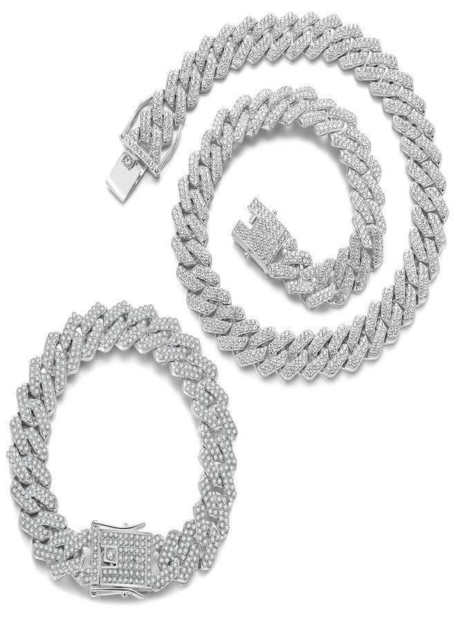 JUNVirtuous 2 Pieces Cuban Link Chain Mens Iced Out Miami Cuban Necklace and Bracelet Silver Bling Diamond Hip Hop Jewelry for Men and Women, Gold Plated, Cubic Zirconia - Image 1