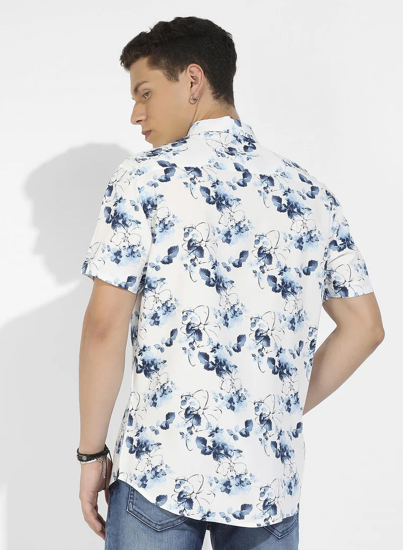 Campus Sutra Men's Blue & White Botanical Strokes Shirt