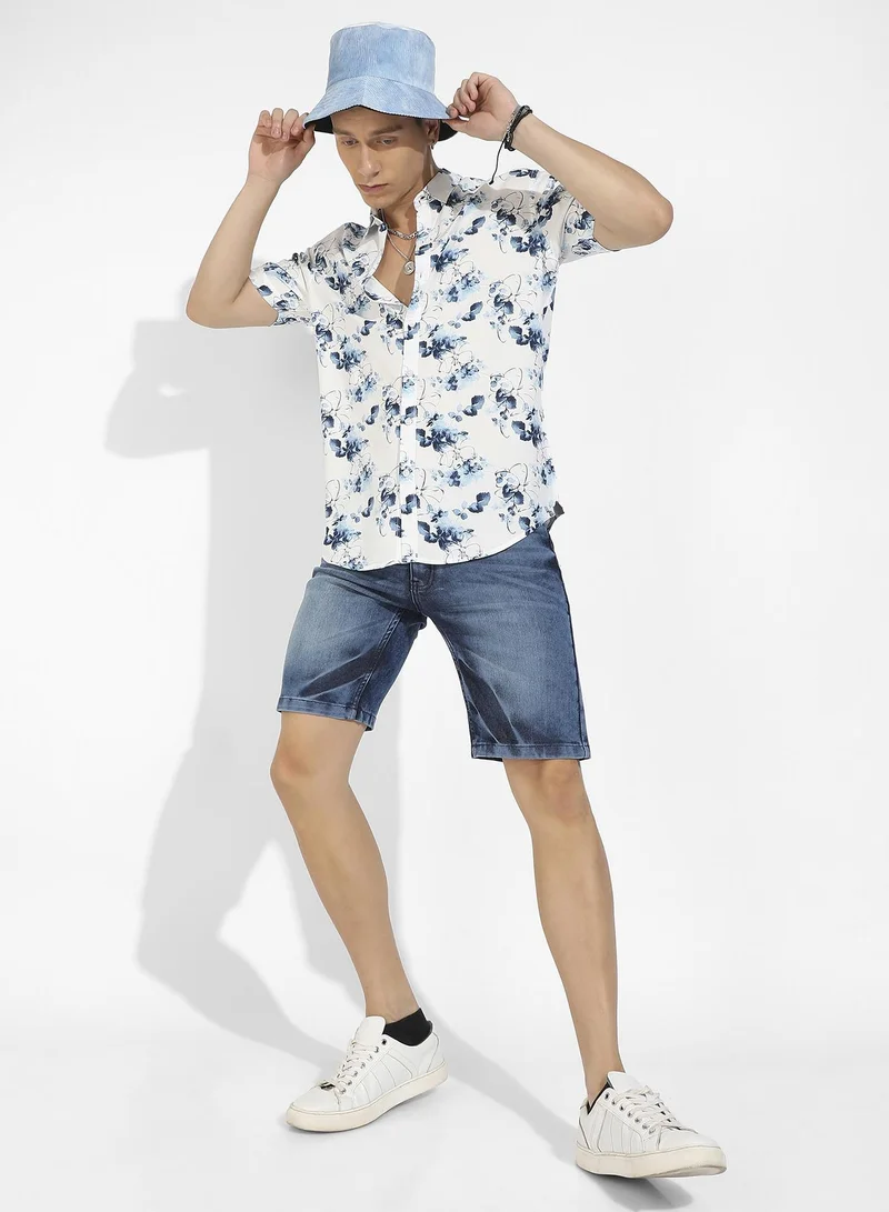 Campus Sutra Men's Blue & White Botanical Strokes Shirt