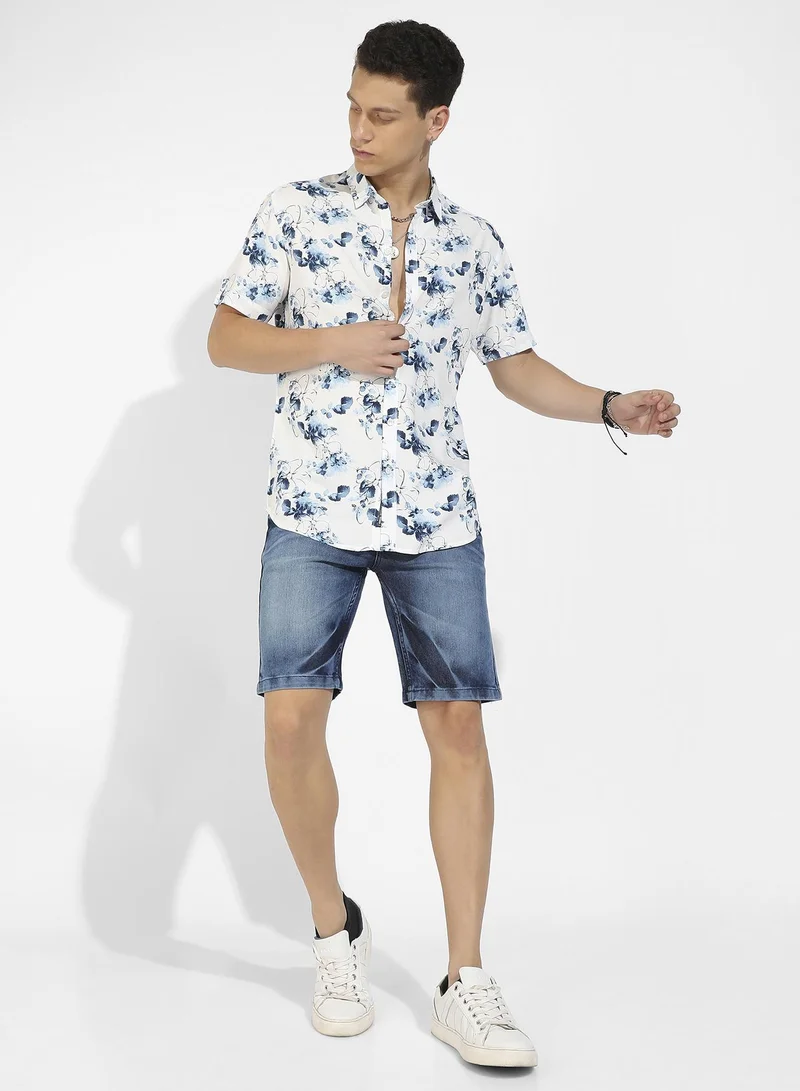 Campus Sutra Men's Blue & White Botanical Strokes Shirt