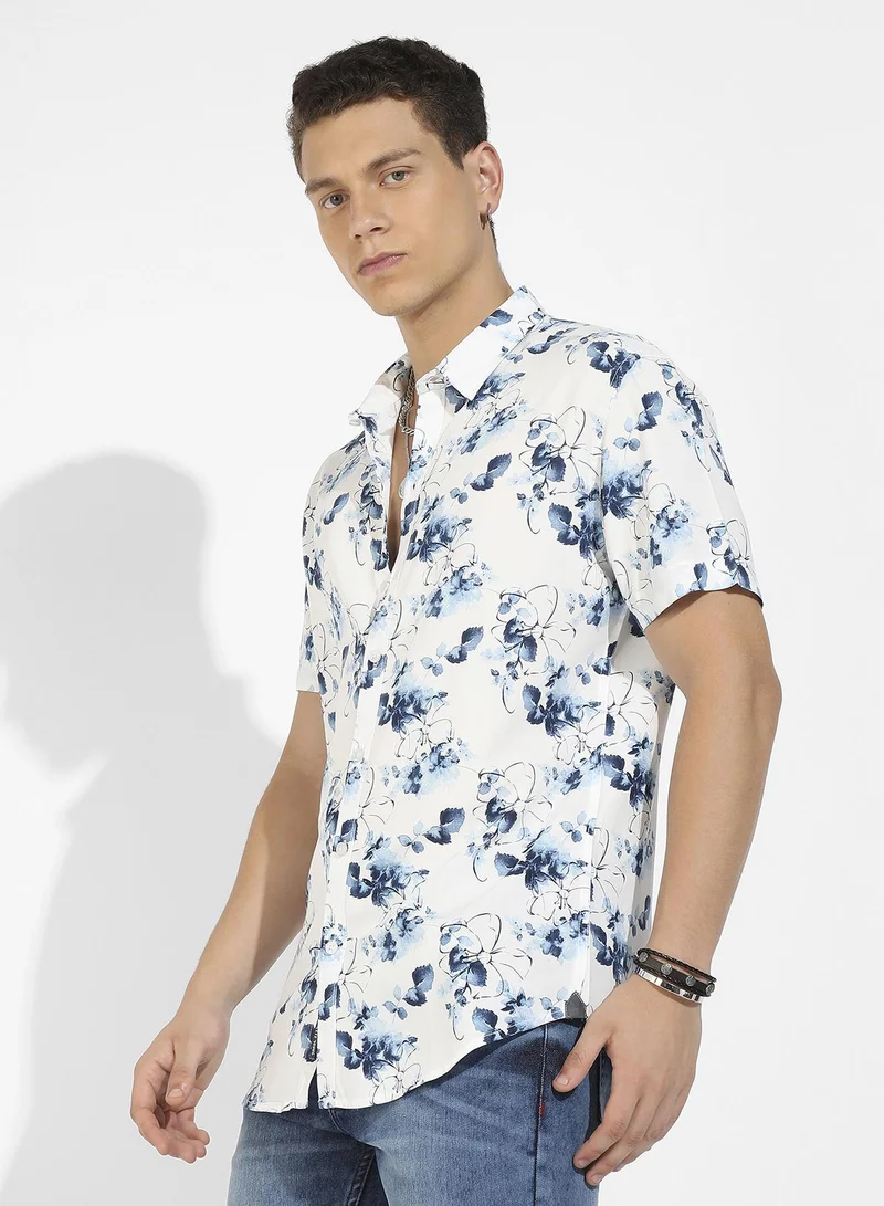 Campus Sutra Men's Blue & White Botanical Strokes Shirt