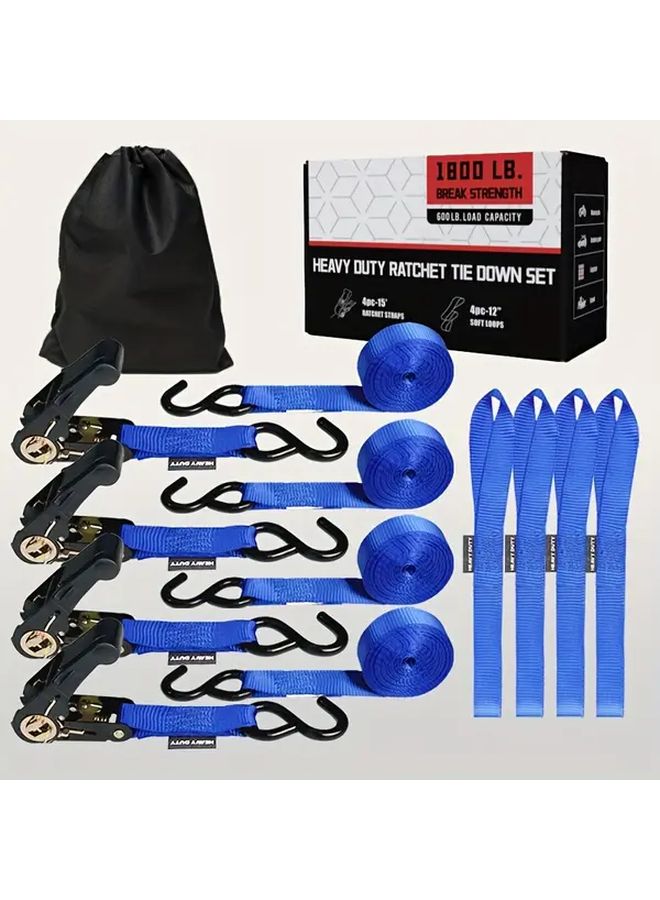 Heavy Duty 1800LB Ratchet Tie Down Blue With 4 Soft Loops For Motorcycle Kayak - Image 1