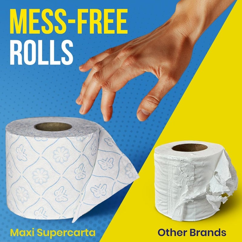 Maxi Supercarta Talcum Scented 3 Ply Giant Toilet Roll 1728 Sheets, Pack of 8 Rolls - 216 Soft High Absorbent Sheets per Roll - Thick Tissue with Butterfly Embossing - Image 4