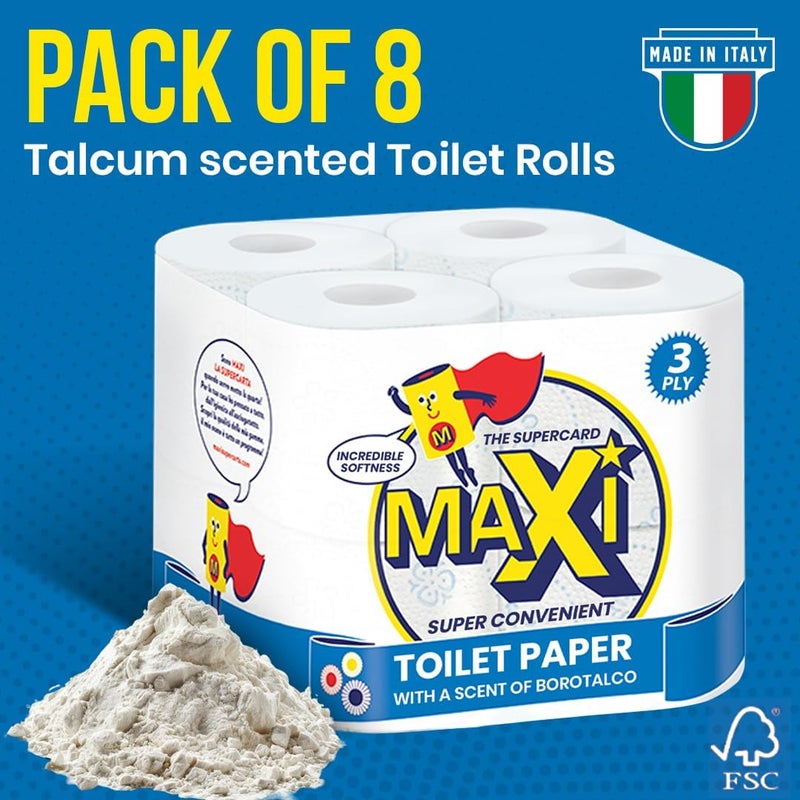 Maxi Supercarta Talcum Scented 3 Ply Giant Toilet Roll 1728 Sheets, Pack of 8 Rolls - 216 Soft High Absorbent Sheets per Roll - Thick Tissue with Butterfly Embossing - Image 2