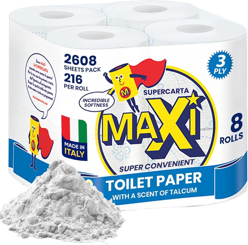 Maxi Supercarta Talcum Scented 3 Ply Giant Toilet Roll 1728 Sheets, Pack of 8 Rolls - 216 Soft High Absorbent Sheets per Roll - Thick Tissue with Butterfly Embossing - Image 1