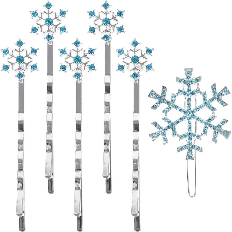 Lurrose Snowflake Hair Clips 6pcs Blue Snowflake Hair Pins Rhinestone Decorative Bobby Hair Pins for Christmas Wedding Pary