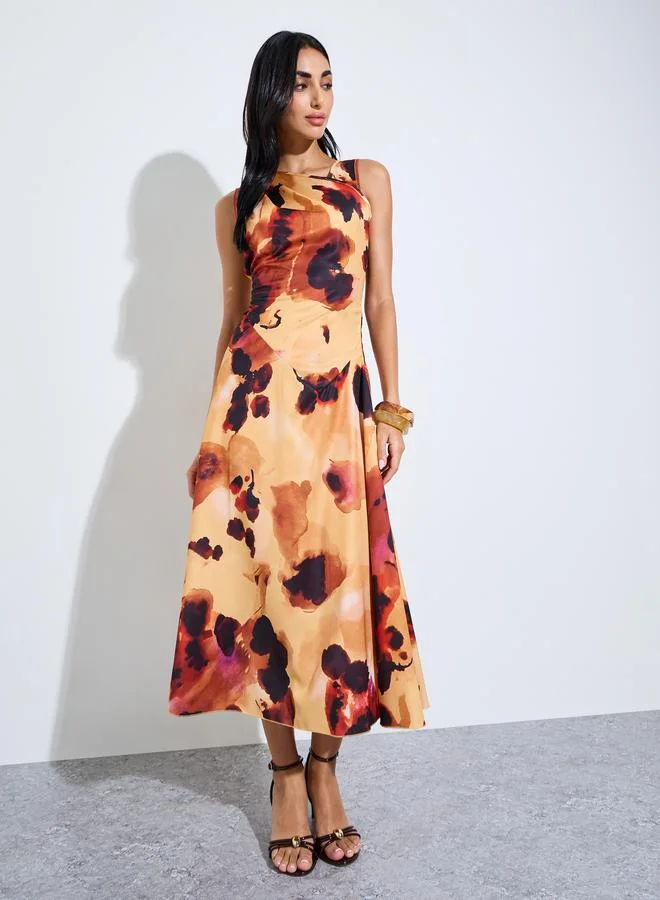 Multi Tie-Dye Print Sleeveless A-Line Midi Dress