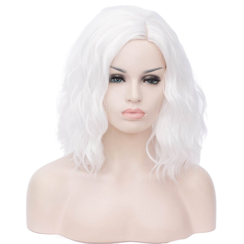BERON White Wigs for Women Short Curly Bob Side Part Wig Girls Shoulder Length Body Wavy Hair Wig White Heat Resistant Synthetic Halloween Cosplay Daily Party Wigs
